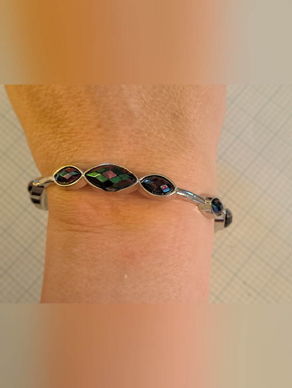 Silver Tone Multicolor Marquise Bracelet - Iridescent Inlay